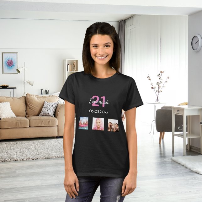 T-shirt 21e anniversaire sur mesure photo rose monogramme  (Créateur téléchargé)