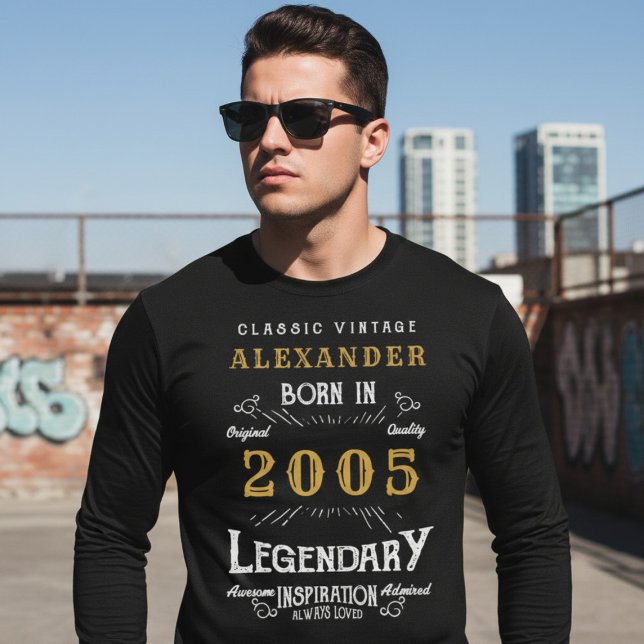 T-shirt 21st Birthday 2005 Add Name Black Gold Legendary (Born 2005 Legend long sleeve t-shirt. Urban background.)