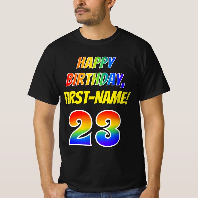 T-shirt 23e anniversaire — Bold, Fun, Rainbow 23, Nom pers (Devant)