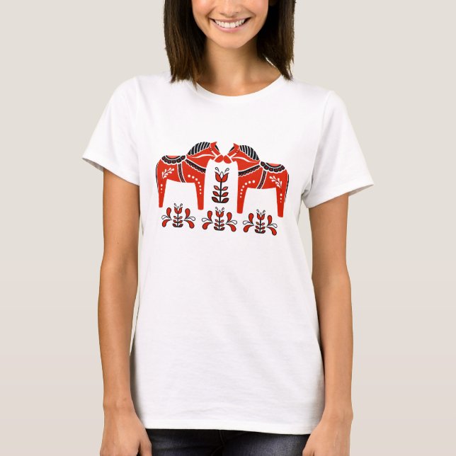 T-shirt 2 Chevaux folk Dala, delft rouge/blanc Cheval folk (Devant)