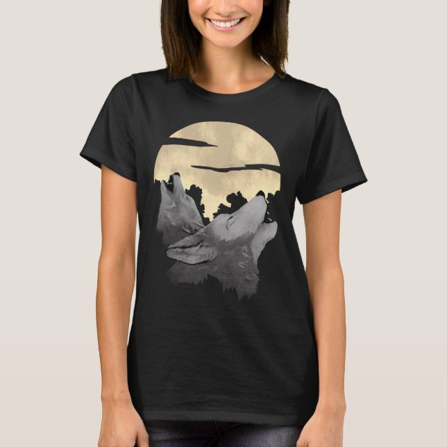 T-shirt 2 loups hurlent la lune la nuit (Devant)
