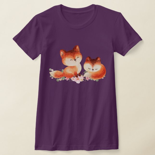 T-shirt 2 mignons Petits Renards Rouges Aquarelle Design (Poser)