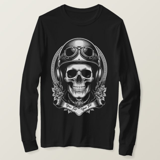 T-shirt 2 Sided Custom Biker Skull Motorcycle Long Sleeve (Design devant)
