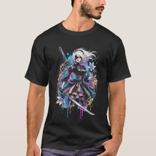 T-shirt 2B NieR Vaporwave Retro Wave Dégradé Rose Bleu Po