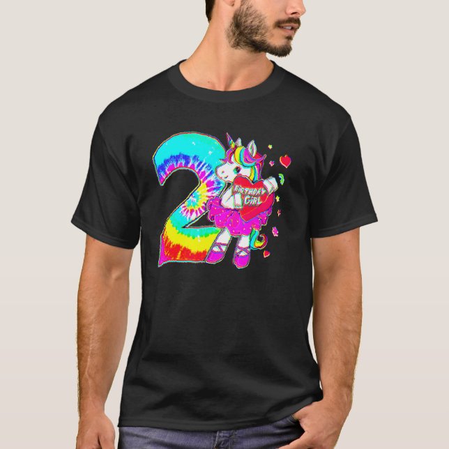 T-shirt 2e Anniversaire Unicorne Pour Filles Âge 2 Tie Dye (Devant)