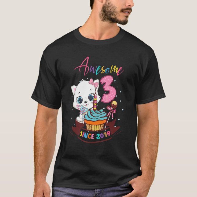 T-shirt 3 ans 3e anniversaire filles mignonne chat Awesome (Devant)