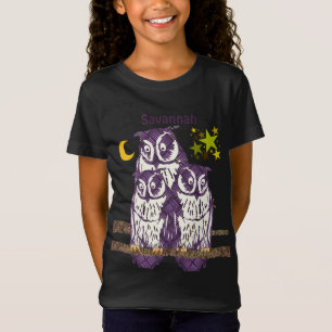 T-Shirt 3 Chouettes violettes personnalisées Lune et étoil