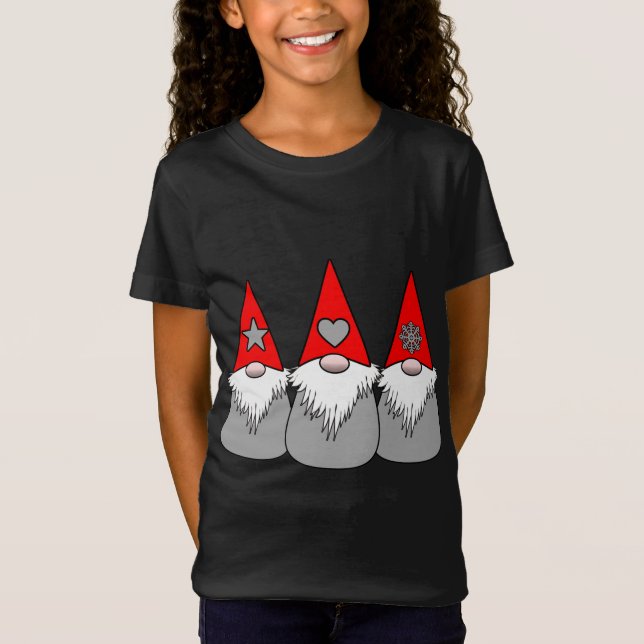 T-Shirt 3 Gnomes nordiques Noël Hiver Rouge Gris Casquette (Devant)