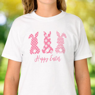 T-shirt 3 lapins de lapin rose et blanc Bonne Pâques
