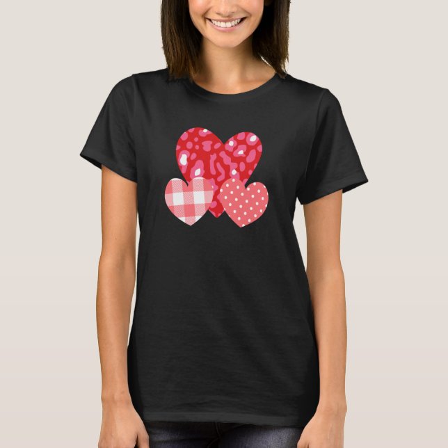T-shirt 3 Pink Hearts Love Leopard Plaid Polka Dots Valent (Devant)