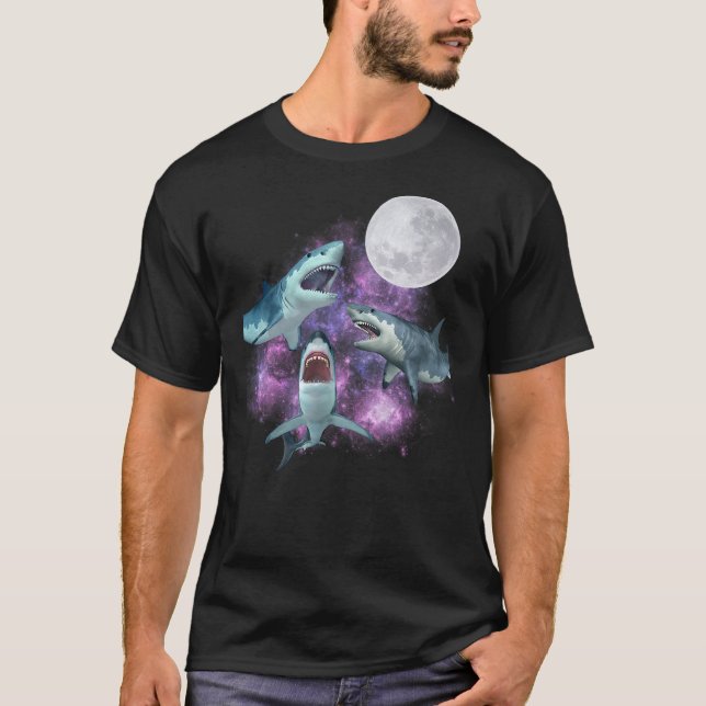 T-shirt 3 Sharks Moon Howling Wolf Parody 3 Great White Sh (Devant)