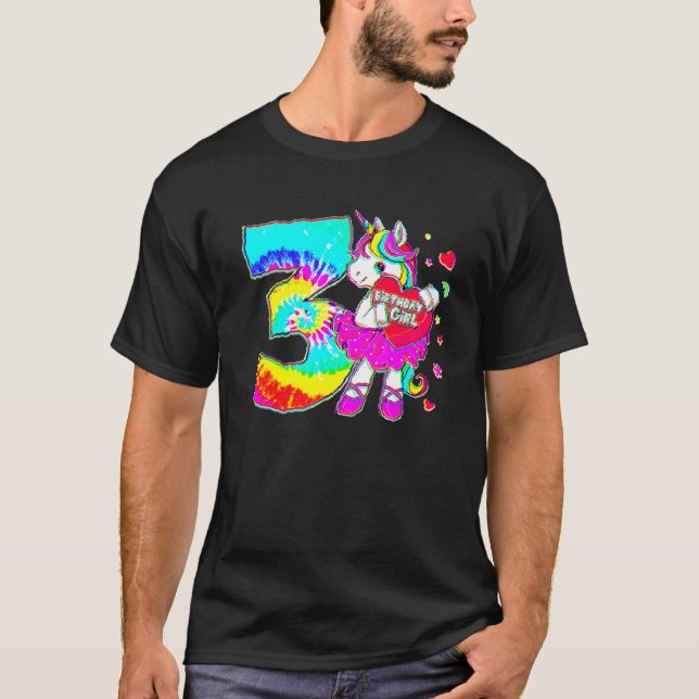 T-shirt 3e Anniversaire Unicorne Pour Filles Âge 3 Tie Dye (Devant)