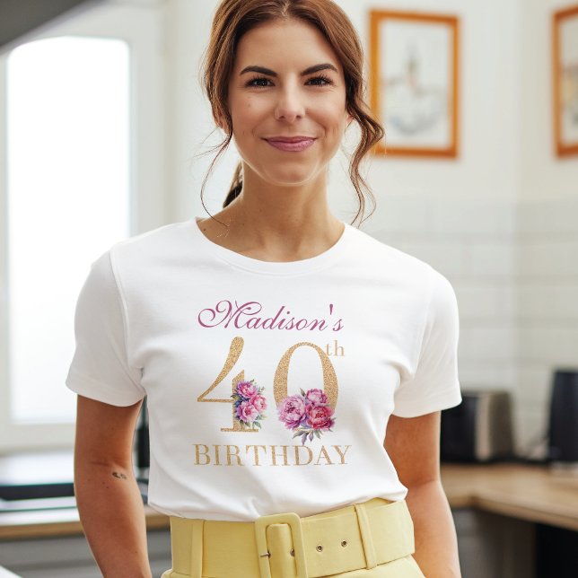 T-shirt 40e anniversaire Pink Peonies Gold Parties scintil (Créateur téléchargé)