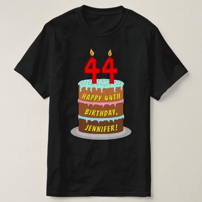 T-shirt 44e anniversaire — Fun Cake & Candles, avec nom pe (Design devant)
