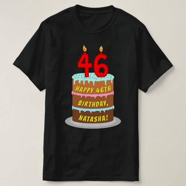 T-shirt 46e anniversaire — Fun Cake & Candles, avec nom pe (Design devant)