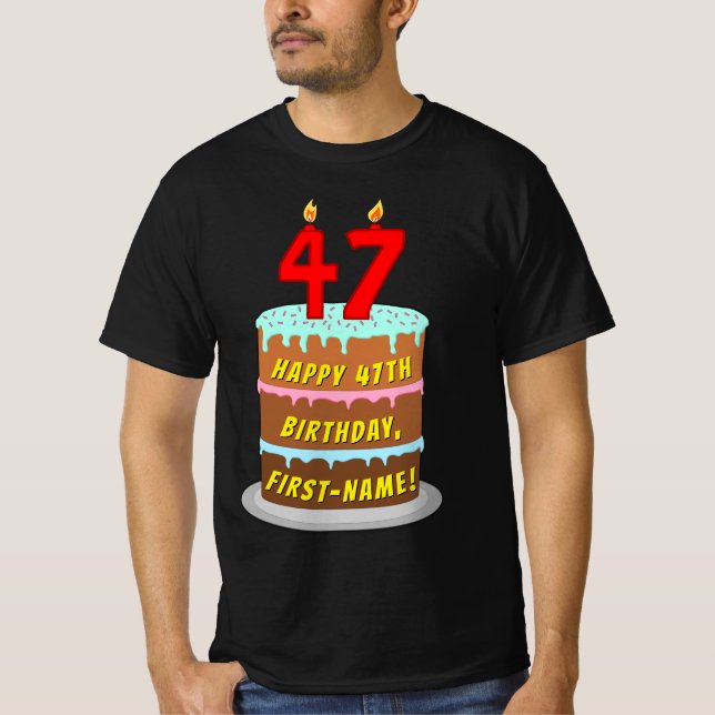 T-shirt 47e anniversaire — Fun Cake & Candles, avec nom pe (Devant)