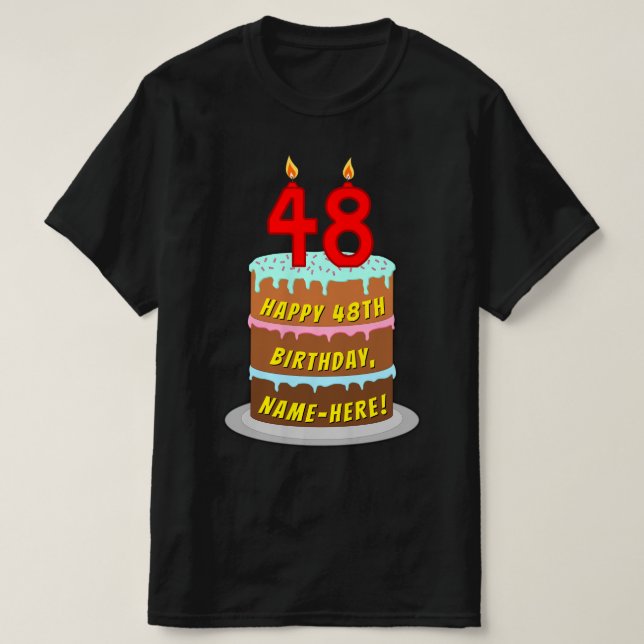 T-shirt 48e anniversaire — Fun Cake & Candles, avec nom pe (Design devant)