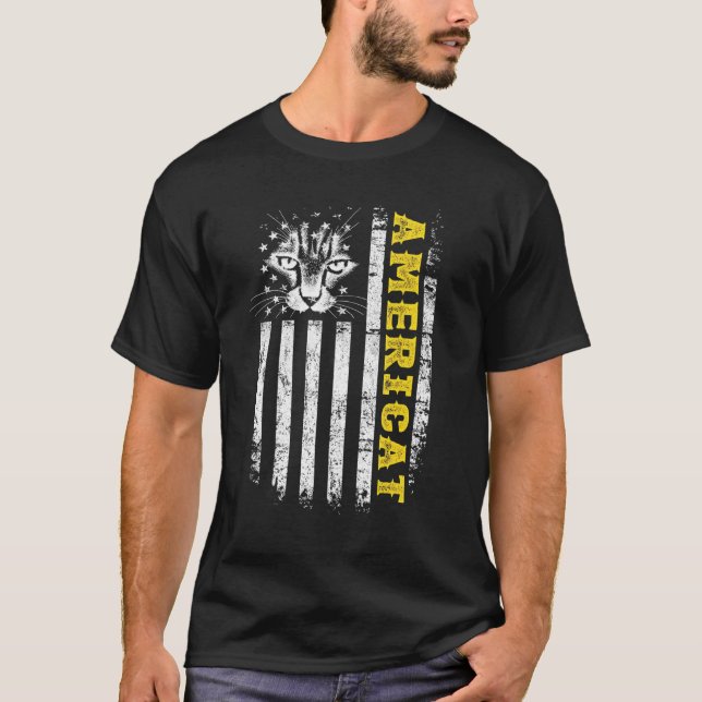 T-shirt 4 juillet Américaine Merica Chat Drapeau Américain (Devant)