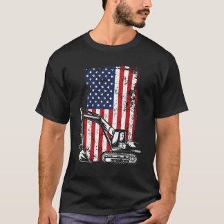 T-shirt 4 juillet American Flag Construction Backhoe Exc