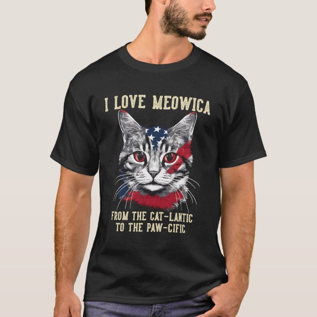 T-shirt 4 Juillet Amoureux des chats I Love Meowica Patrio (Devant)