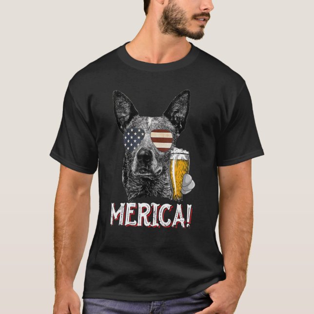 T-shirt 4 Juillet Chien Heeler bleu Merica Patriotique US  (Devant)