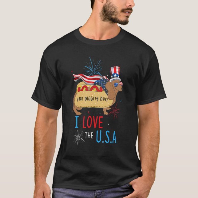 T-shirt 4 juillet Chien Hot Diggity J'Aime Les États-Unis  (Devant)