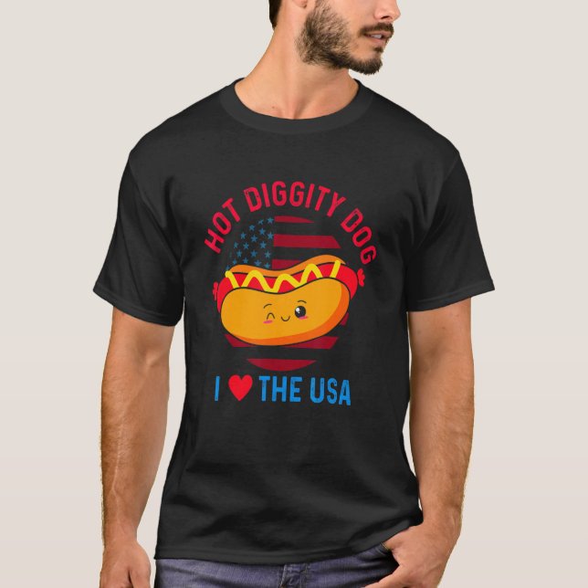 T-shirt 4 juillet Chien Hot Diggity J'Aime Les États-Unis  (Devant)