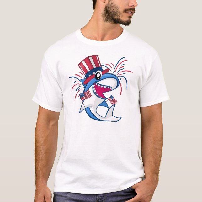 T-shirt 4 juillet de requin patriotique bleu rouge (Devant)