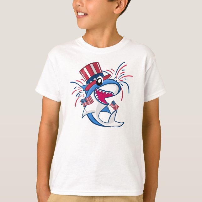 T-shirt 4 juillet de requin patriotique bleu rouge (Devant)