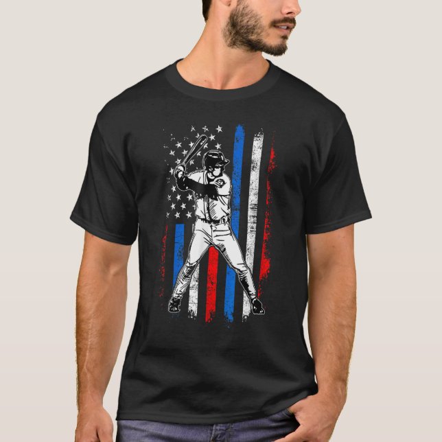 T-shirt 4 juillet Funny Baseball américain Drapeau Batteur (Devant)