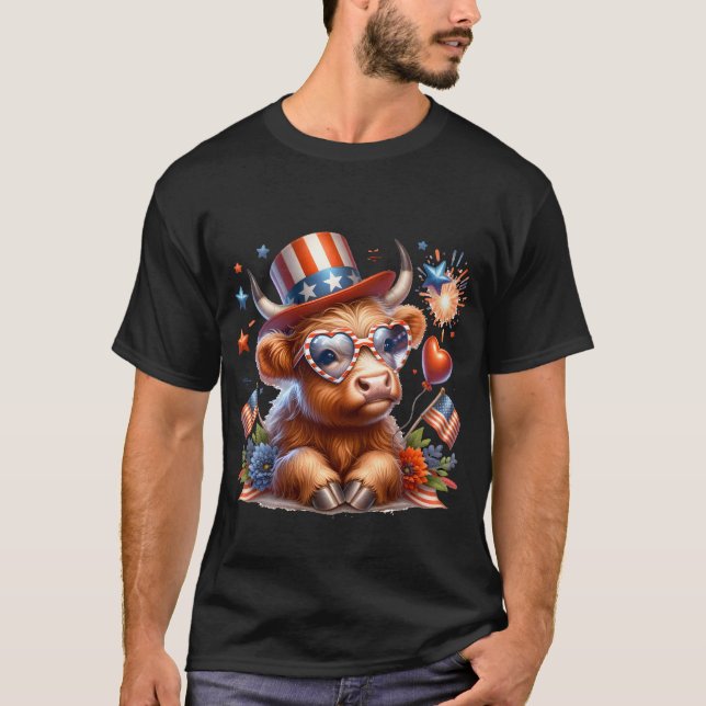 T-shirt 4 juillet Highland Cow Cute American (Devant)