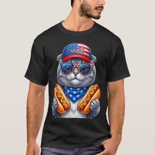 T-shirt 4 juillet hotdog chat scottish fold drôle