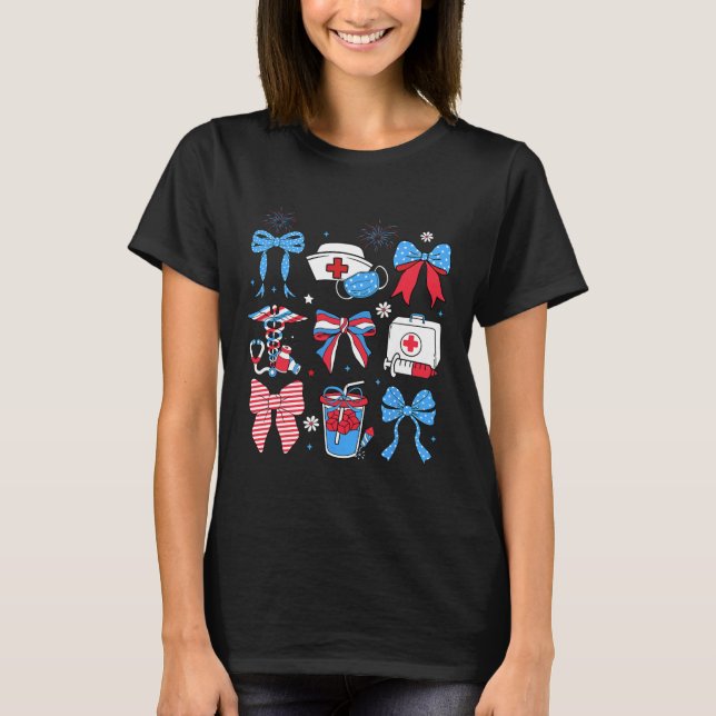 T-shirt 4 juillet Infirmière Stethoscope Coquette Bow Infi (Devant)