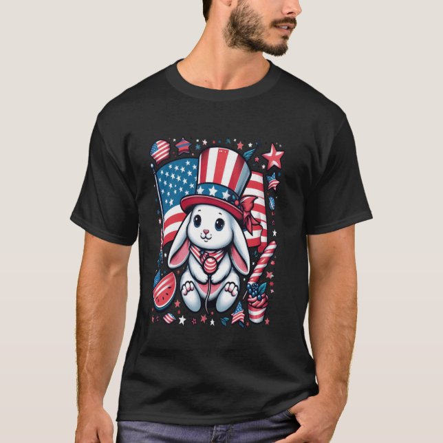 T-shirt 4 juillet Lapin Patriotique États-Unis Drapeau Amé (Devant)