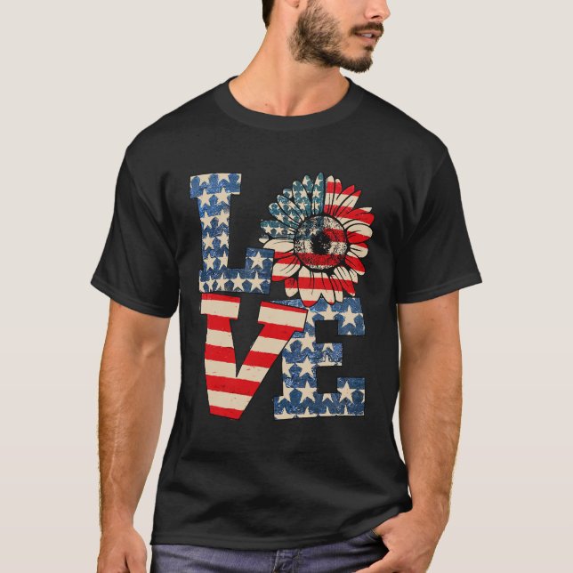 T-shirt 4 juillet Love Sunflower Patriotique drapeau améri (Devant)