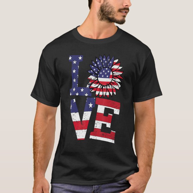 T-shirt 4 juillet Love Sunflower Patriotique drapeau améri (Devant)