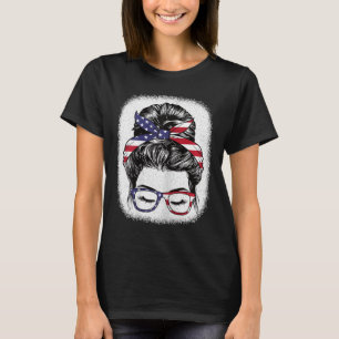T-shirt 4 juillet Messy Bun Drapeau Américain Femmes patri