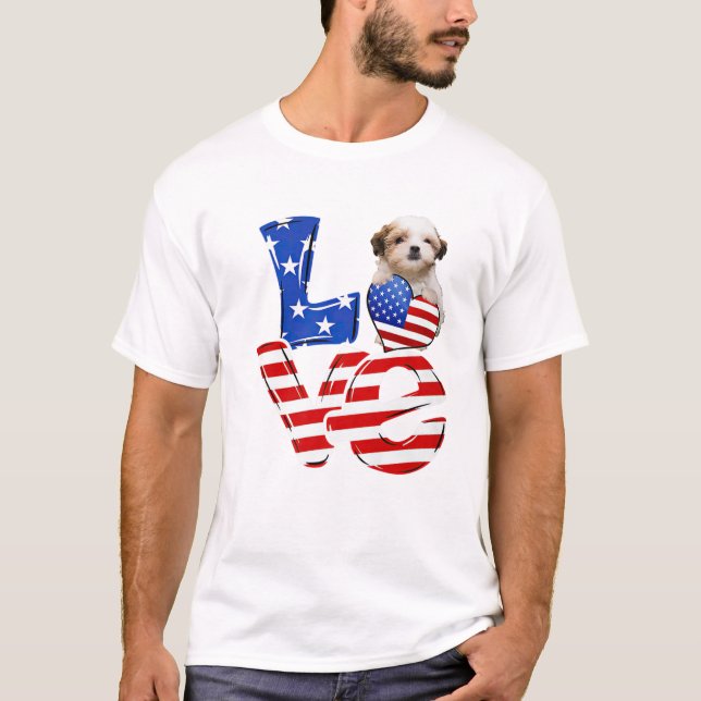 T-shirt 4 juillet Patriotique AMOUR Teddy Bear Chien Améri (Devant)