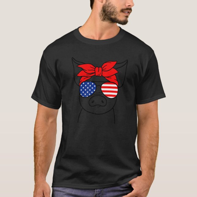 T-shirt 4 juillet Pig Femmes Bandana Usa Drapeau Lunettes  (Devant)
