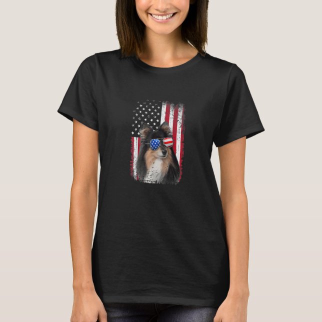 T-shirt 4 juillet Sheltie Drapeau américain Chien patrioti (Devant)