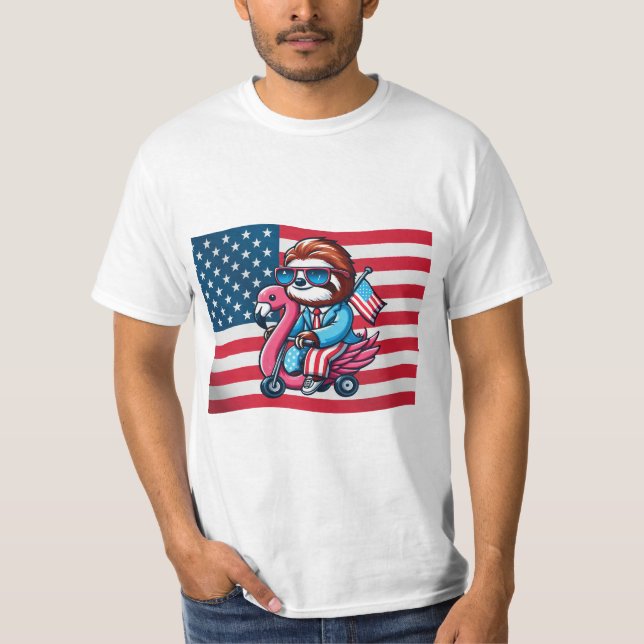 T-shirt 4 juillet Sloth Flamant rose Drapeau américain USA (Devant)