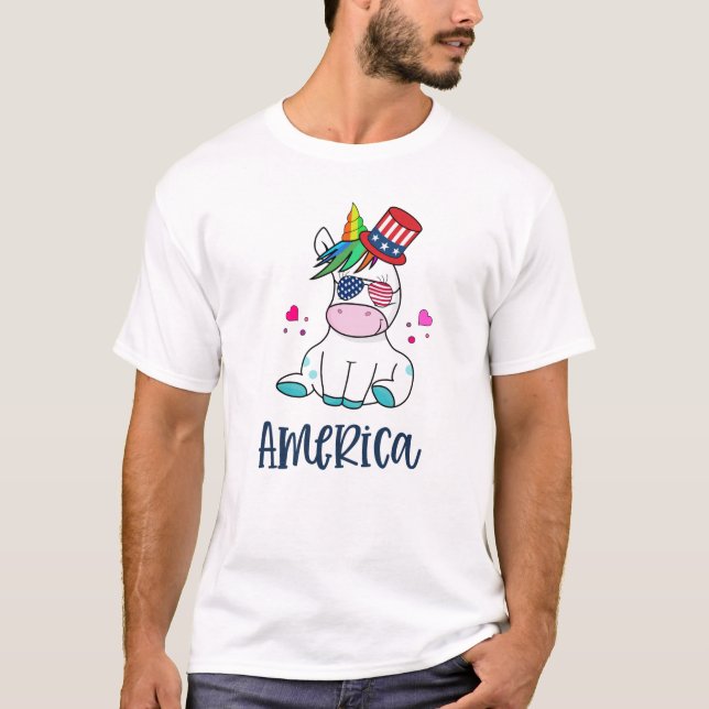 T-shirt 4 juillet Unicorne avec les États-Unis Drapeau lun (Devant)
