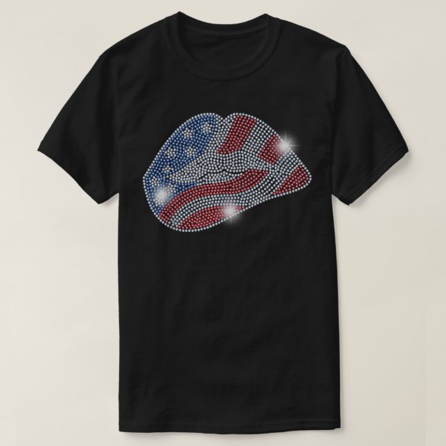 T-shirt 4 juillet USA LIPS Drapeau Bling Rhinestone Hommes (Design devant)