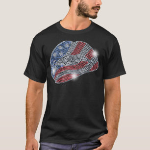T-shirt 4 juillet USA LIPS Drapeau Bling Rhinestone Hommes