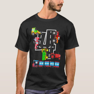 T-shirt 4e anniversaire Boys Fire Truck Tractor Train Car