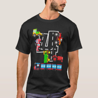 T-shirt 4e anniversaire Boys Fire Truck Tractor Train Car