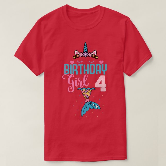T-shirt 4e anniversaire fille Unicorn Mermaid Queue 4 ans  (Design devant)