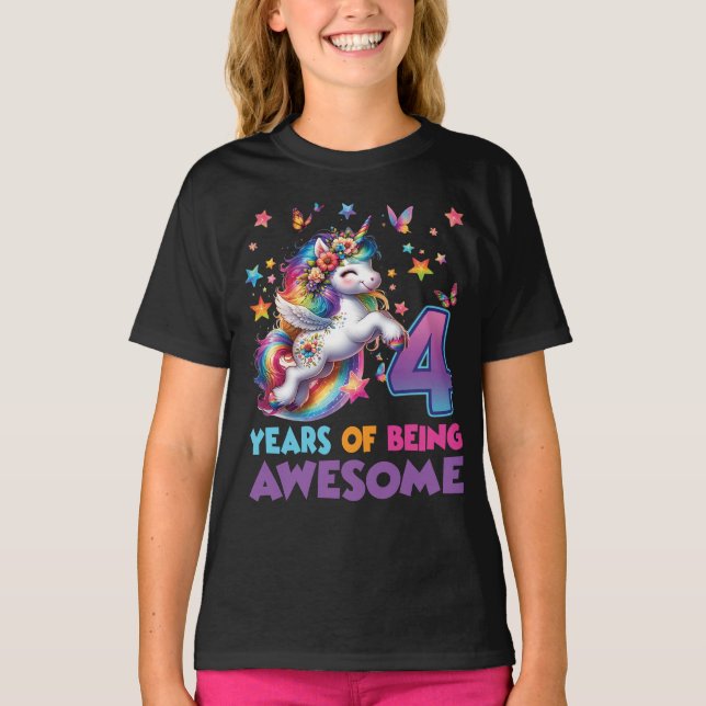 T-shirt 4e anniversaire fille Unicorn Rainbow fête Anniver (Devant)