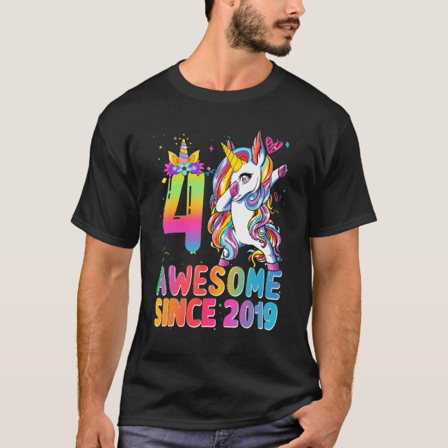 T-shirt 4e anniversaire filles Ados Dabbing Unicorn 4 anné (Devant)