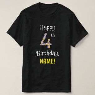 T-shirt 4e anniversaire : Fleurs florales Numéro "4" + Nom
